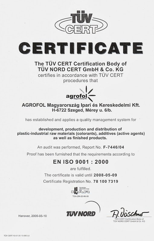 TÜV - ISO 9001 : 2001 minőségirányítási rendszer